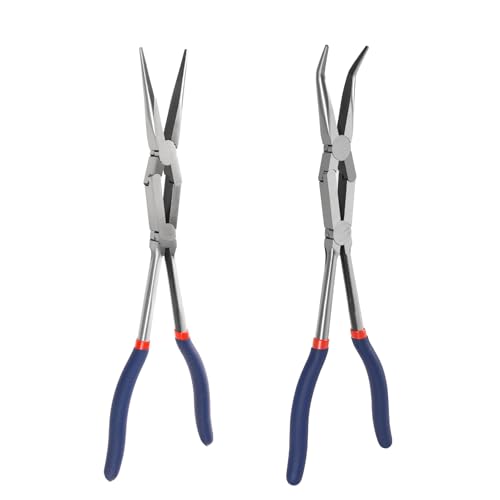 13” Long Needle Nose Pliers Set, Double Rivet, Knurled Jaws, Bent 45°and Straight Needle Nose, 2-Piece, Extended Reach for Tight Spaces (2-Piece(Straight +45°))