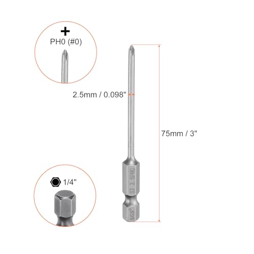 HARFINGTON 5pcs #0 Phillips Screwdriver Bit PH0 1/4" Hex Shank 3" (75mm) Long Magnetic S2 Steel Industrial Grade Screw Driver Bit Cross Head Electric Drill Bits 0.098" (2.5mm) Rod - size: PH0 x 75mm x 2.5mm