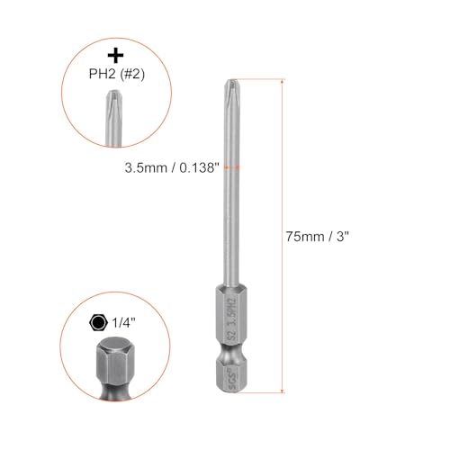 HARFINGTON 5pcs #2 Phillips Screwdriver Bit PH2 1/4" Hex Shank 3" (75mm) Long Magnetic S2 Steel Industrial Grade Screw Driver Bit Cross Head Electric Drill Bits 0.138" (3.5mm) Rod - size: PH2 x 75mm x 3.5mm