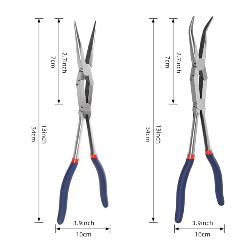 13” Long Needle Nose Pliers Set, Double Rivet, Knurled Jaws, Bent 45°and Straight Needle Nose, 2-Piece, Extended Reach for Tight Spaces (2-Piece(Straight +45°))