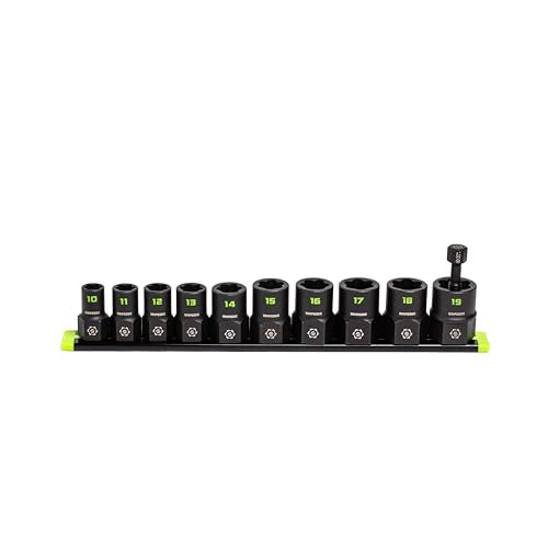 GRIPEDGE Tools | 10-PC – 3/8'' Drive Metric RPT Socket Extractor Set | Sizes 10 – 19 MM | Removes Broken Studs, Stripped Bolts and Lug Nuts | Includes Premium Aluminum Socket Rail|