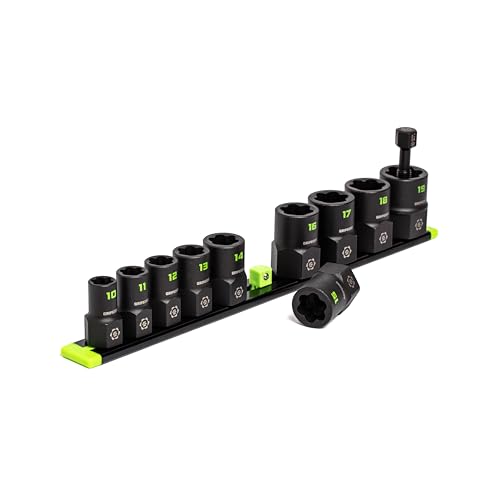 GRIPEDGE Tools | 10-PC – 3/8'' Drive Metric RPT Socket Extractor Set | Sizes 10 – 19 MM | Removes Broken Studs, Stripped Bolts and Lug Nuts | Includes Premium Aluminum Socket Rail|