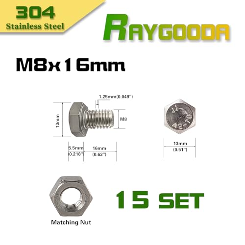 M8-1.25x16mm Hex Bolt and Nut Kit 15set, 304 Stainless Steel (A2-70), Full Thread, Bright Finish, Machine Threaded for Automotive, Machinery, DIY - size: M8x16mm(15 Sets)
