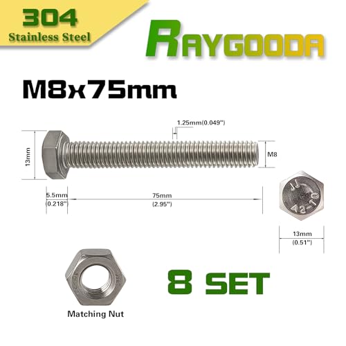 M8-1.25x75mm Hex Bolt and Nut Kit 8set, 304 Stainless Steel (A2-70), Full Thread, Bright Finish, Machine Threaded for Automotive, Machinery, DIY - size: M8x75mm(8 Sets)