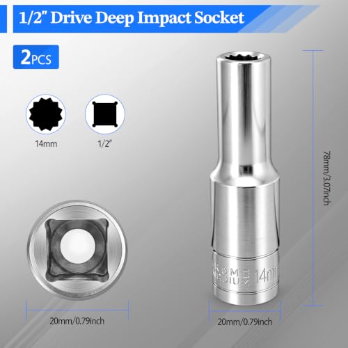 2 Pcs 1/2" Drive 14mm Deep Impact Socket | Anti-Rounding 12 Point Design, Square Chamfered Opening, Easy Removal of Axle Nut - color: Deep, size: 14mm