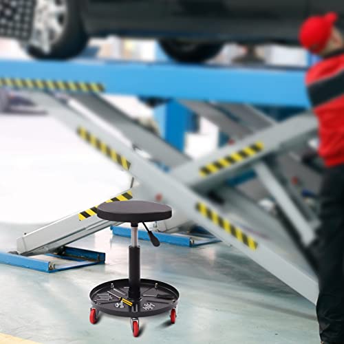 300lbs Capacity Pneumatic Heavy Duty Roller Seat Adjustable Mechanic Roller Seat with Tool Tray Rolling Stool Chair Swivel with Tool Tray for Garage Workshop and Auto Repair Shop (Black)
