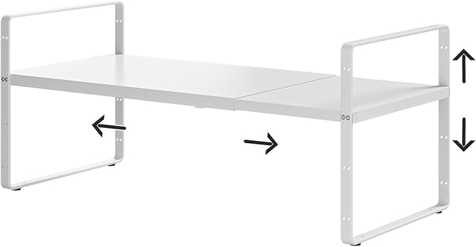 16.5-27’’L Expandable Kitchen Shelf Organizer, Stackable Shelves Organizer, Adjustable Height Pantry Spice Rack for Cabinet, Countertop, Pantry and Cupboard, White