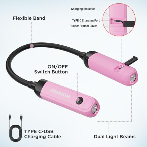 WORKPRO Rechargeable Neck Light, 3 Brightness Hands-Free Neck Work Light | Hands-Free Lighting, Bendable Silicone Arm, Neck Reading Light, for Mechanics, Camping, DIY Projects, Crafting, Pink Ribbon - color: Pink