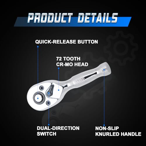 1/4 Inch Drive Stubby Ratchet Mini Ratchet Wrench,1/4 Socket Wrench, 72-Tooth Quick-Release,Reversible,Chrome Vanadium Alloy Steel for Durability - size: 1/4-inch Single, style: Stubby-Metal handle