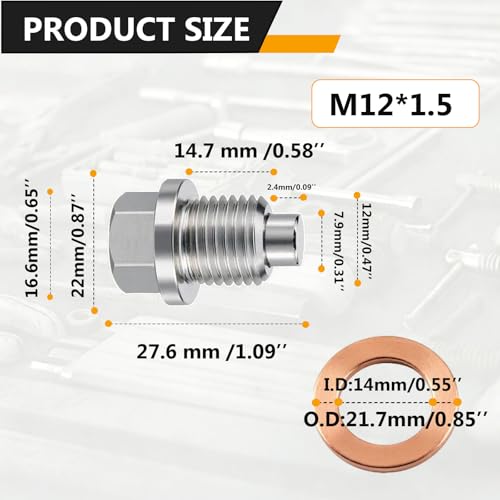 M12x1.5 Magnetic Stainless Steel Oil Drain Plug Kit Fits Cars Motorcycles | CHENACC 1PCS Oil Pan Drain Nut Bolt with 5 PCS Copper Gasket, Compatible with Most Boats Cars and Motorcycles - size: M12*1.5