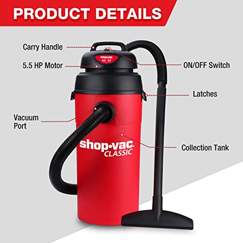 Shop-Vac 5 Gal 5.5 HP Wet/Dry Vacuum, Wall Mount, 9522236 | 25ft Long Reach (18ft Hose+7ft), 14 Attachments & Accessories, Compact & Portable, Ideal for Garage, Car, Workshop & Jobsite - size: 5 gallon