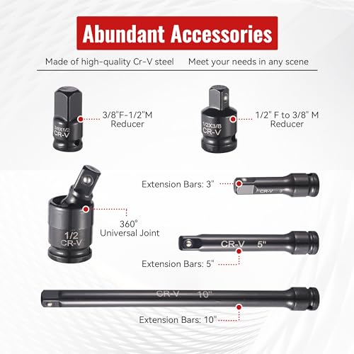 Reniteco 25-Piece 1/2" Drive Socket Set, Metric(10mm-32mm), Deep Sockets, Extension Bars, 1/2" F to 3/8" M Reducer,3/8" F to 1/2" M Reducer, Universal Joint, 6 Point Design, Cr-V - size: 1/2" 25 PCS Metric