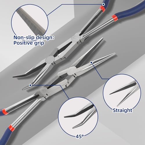 13” Long Needle Nose Pliers Set, Double Rivet, Knurled Jaws, Bent 45°and Straight Needle Nose, 2-Piece, Extended Reach for Tight Spaces (2-Piece(Straight +45°))