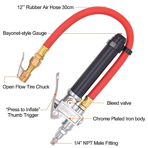 Tire Inflator 10-120 PSI Tire Pressure Gauge with 12 Inch Air Hose,Lock on Air Chuck, Heavy Duty 1/4'' NPT Tire Inflator Gauge Compatible with Air Pump Compressor for Car Truck Motorcycle Bike - size: 12" hose tire inflator gauge