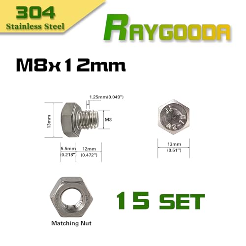 M8-1.25x12mm Hex Bolt and Nut Kit 15set, 304 Stainless Steel (A2-70), Full Thread, Bright Finish, Machine Threaded for Automotive, Machinery, DIY - size: M8x12mm(15 Sets)