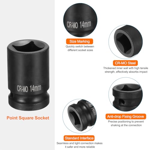 Generic 4 Point Square Socket 1/2" Drive 14mm Metric Square Impact Socket CR-MO Blackening Standard Wheel Sockets Pneumatic Socket Tool for Auto Repair Mechanical Maintenance Home Use