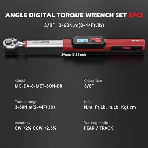 3/8" Digital Angle Torque Wrench, 2-44 Ft.lb, ±2% Accuracy, 8pcs | Electronic Torque Wrench with 0.1° Angle Mode, LED Display, Buzzer Alerts for Automotive, Motorcycle & Engine Repair - size: Angle 3/8" 3-60N.m/2-44Ft.lb