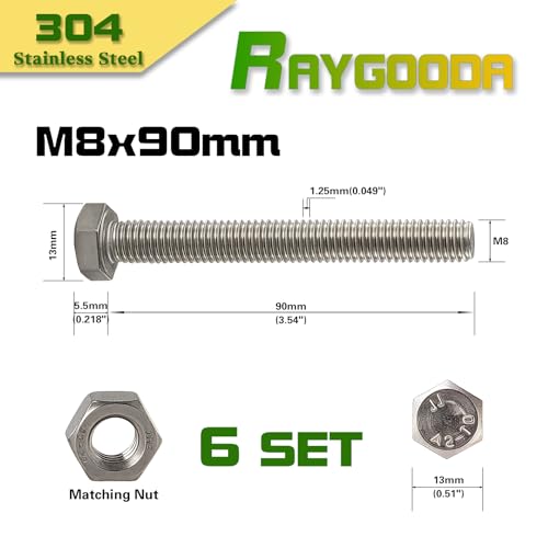 M8-1.25x90mm Hex Bolt and Nut Kit 6set, 304 Stainless Steel (A2-70), Full Thread, Bright Finish, Machine Threaded for Automotive, Machinery, DIY - size: M8x90mm(6 Sets)