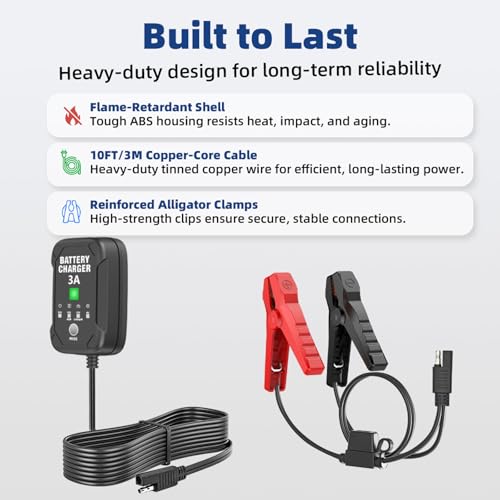 3A 6V/12V Car Battery Charger – Smart Trickle Charger, Battery Maintainer & Desulfator with Overcharge Protection & Temperature Compensation – for Lead Acid, AGM, Gel, Lithium Batteries - size: 3A