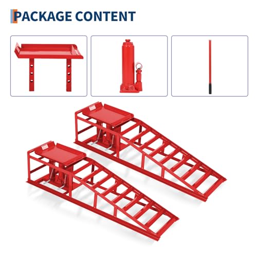 GarveeTech Hydraulic Car Ramps 2-Pack, 11000 LBS Low Profile Portable Car Lift Ramp for Oil Change & Garage Repair, Heavy Duty Steel Ramps for Trucks/Low Cars (Red) (red, 5 T) - color: Red