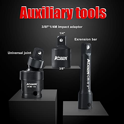 AOBEN 1/4-Inch Drive Impact Socket Set, 54 Pieces, 6 Point, SAE/Metric, (5/32" - 9/16" ,4mm -15mm),Deep/Shallow, Cr-V Steel, Includes Extension bars and Socket Adapter - size: 1/4-Inch 54PCS