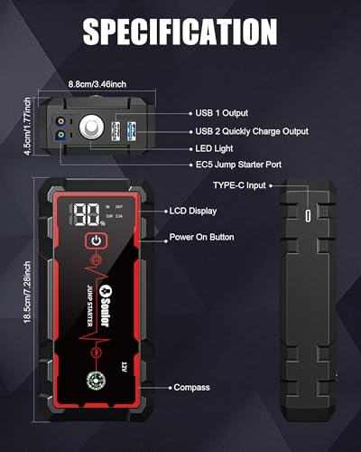 Jump Starter, Car Battery Jumper Starter Portable, Jump Box Battery Booster with 3 Modes Flashlight, Jumper Cables with Gloves | Lithium Ion Jump Starter With 3 Modes Flashlight, 12V Jumper Cables With Gloves, Quick Charge Power Bank, Compass - color: 650