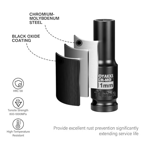 1/2" Drive 11mm Deep 6 Pt CR-MO Metric Impact Socket for Axle Nuts - size: 11mm, style: 1/2" Drive Deep