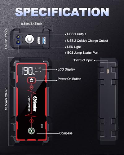 Jump Starter, Battery Jumper Starter Portable, Car Battery Jump Starter with 3 Modes Flashlight, Compass, Power Bank and Jumper Cable | Jump Box with 3 Modes Flashlight, Compass, Power Bank, Gloves and 12V Jumper Cable Up to 10.0L Gas and 10.0L Diesel - c
