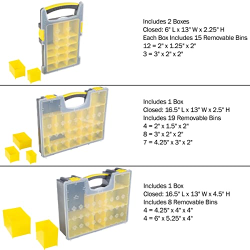 Storage Organizer Tool Box Set - Set of 4 Plastic Clear Top Parts, Craft, and Hardware Organizers with 3 Sized Compartments by Stalwart (Yellow/Black)