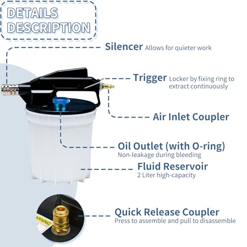 Vacuum Brake Bleeder Kit with 2L Brake Fluid Extractor 1L Refilling Bottle & Adapters Pneumatic Bleeder Tool