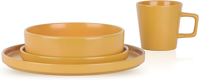 Stone Lain Cleo Modern Stoneware 32-Piece Dinnerware Set, Plates and Bowls Set, Pasta Bowls, Dish Set Service For 8, Yellow