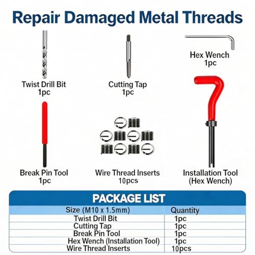 M10 X 1.5 Thread Repair Kit, Metric Helicoil Kit with HSS Drill Bit, 10PC Wire Thread Inserts - size: M10 x 1.5mm