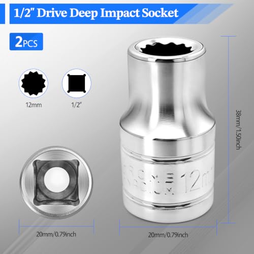 2 Pcs 1/2" Drive 12mm Shallow Impact Socket | Anti-Rounding 12 Point Design, Square Chamfered Opening, Easy Removal of Axle Nut - color: Shallow, size: 12mm