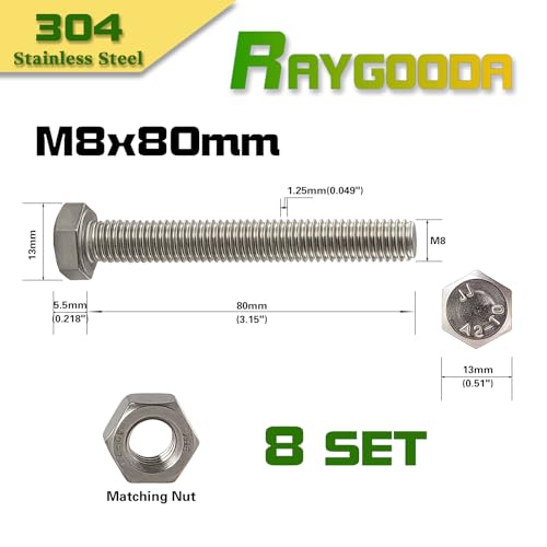 M8-1.25x80mm Hex Bolt and Nut Kit 8set, 304 Stainless Steel (A2-70), Full Thread, Bright Finish, Machine Threaded for Automotive, Machinery, DIY - size: M8x80mm(8 Sets)