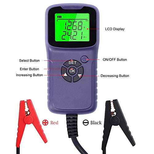A300 Digital Car Battery Tester, Automotive Battery Analyzer, LCD Display with Load Test System for 12V Batteries, Includes Heavy Duty Clamps and Beep Remind Function (Purple) - color: Purple