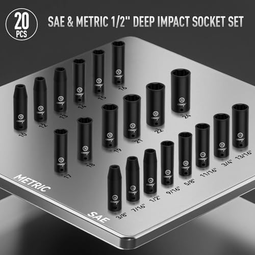 DISEN 20PCS 1/2" Impact Socket Set | Deep Sockets SAE 13/16"-3/8" & Metric 10-24mm, 6-Point Cr-V & Alloy Steel, Rugged Construction, Enhanced Storage Case - style: 1/2“ 20PCS Deep