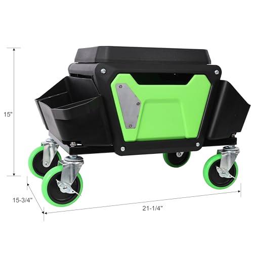 Anwick Mechanic Stool Seat Chair with Wheels, Heavy Duty Rolling Garage Stool with Soft Rubber Cushion Seating and Drawer, 330 LBS Capacity, Rolling Tool Seat for Shop, Auto Repair (Green+Black) - color: Green+black