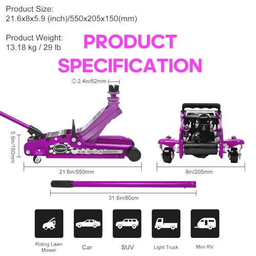 2.5 Ton Floor Jack Low Profile, Heavy-Duty Steel Racing with Single Piston Lift Pump, Lifting Range 4.5"-15.94" (Pink)