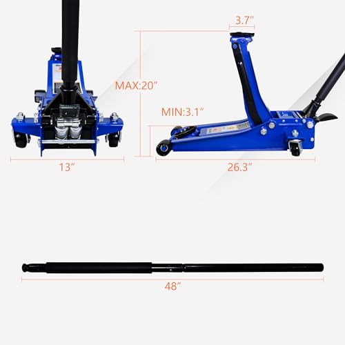6600lbs/3Ton Low Profile Floor Jack with Foot Pedal Dual Piston Hydraulic | Fast lift dual piston pump with foot pedal, lifting range 3.1"-20", heavy duty racing trolley car jack for MVP, SUVs & Trucks - size: 3ton(3.1"-20") with Foot Pedal