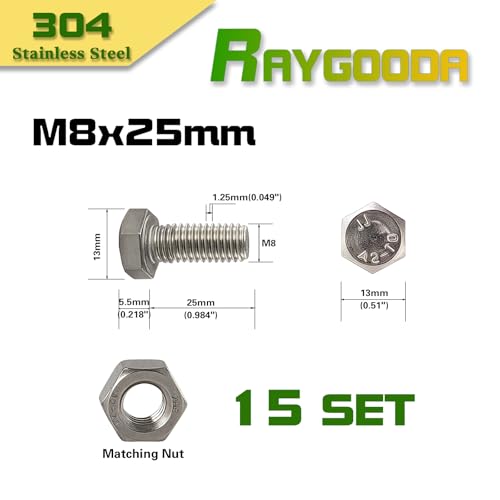 M8-1.25x25mm Hex Bolt and Nut Kit 15set, 304 Stainless Steel (A2-70), Full Thread, Bright Finish, Machine Threaded for Automotive, Machinery, DIY - size: M8x25mm(15 Sets)