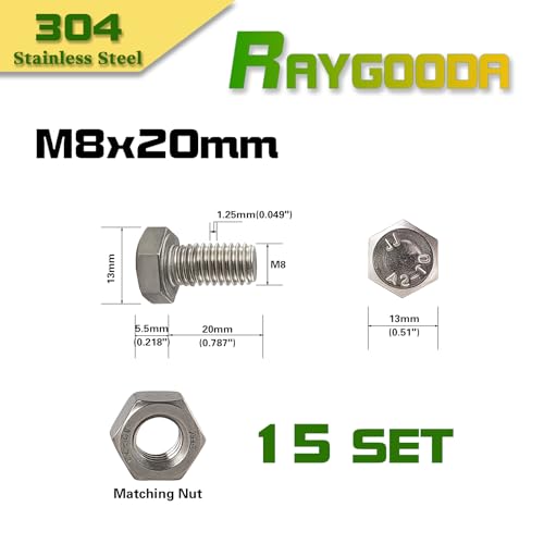 M8-1.25x20mm Hex Bolt and Nut Kit 15set, 304 Stainless Steel (A2-70), Full Thread, Bright Finish, Machine Threaded for Automotive, Machinery, DIY - size: M8x20mm(15 Sets)