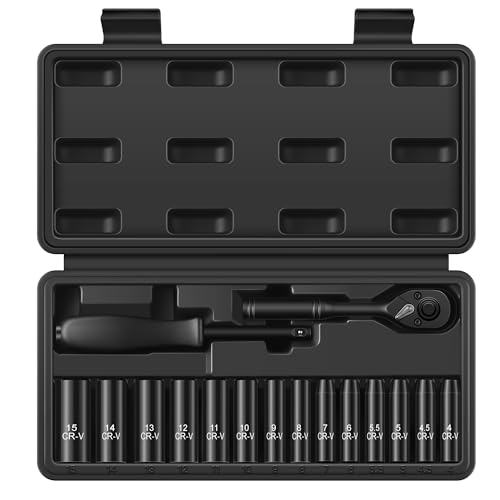 Reniteco 16-Piece 1/4" Drive Socket Set, Metric (4mm-15mm), Deep Sockets, 72-Tooth Ratchet Wrench, Drive Spinner Handle, 6 Point Design, Cr-V - size: 1/4" 16 PCS Metric