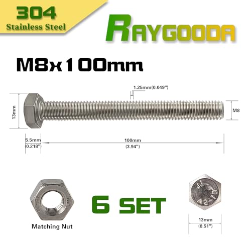 M8-1.25x100mm Hex Bolt and Nut Kit 6set, 304 Stainless Steel (A2-70), Full Thread, Bright Finish, Machine Threaded for Automotive, Machinery, DIY - size: M8x100mm(6 Sets)