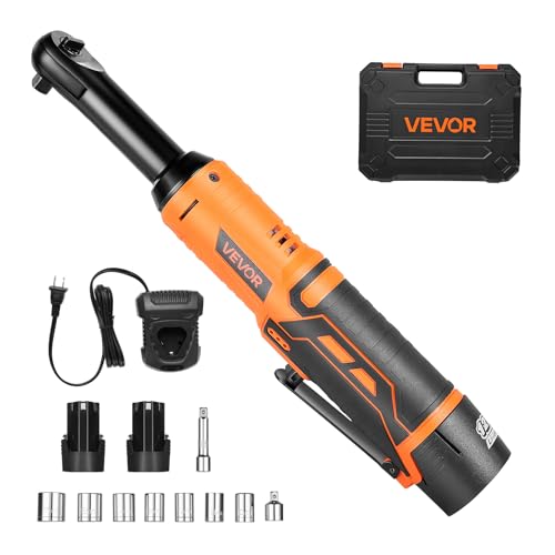 VEVOR Cordless Ratchet Wrench, 3/8 inch Drive, 240 RPM, up to 33 ft-lbs of Torque, Extended Battery Powered Electric Ratchet Wrench Set with Two Batteries, Charger, Sockets, Adaptor and Extension Bar