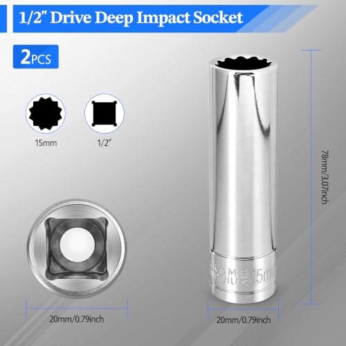 2 Pcs 1/2" Drive 15mm Deep Impact Socket | Anti-Rounding 12 Point Design, Square Chamfered Opening, Easy Removal of Axle Nut - color: Deep, size: 15mm