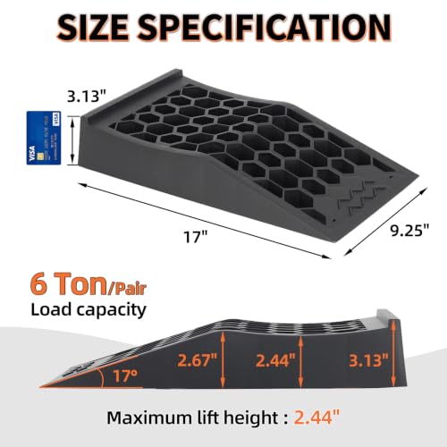 OULEME 2.44" Lift Car Ramps for Jack Support and Oil Changes, Low Profile Car Ramp for Garage, Tire Ramps for Lift Vehicle Maintenance with Anti-Slip Pads, 2 PCS - size: L17" (2 Pack)