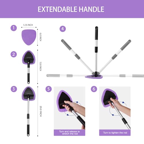 Qydipclin 11pcs Windshield Cleaner Tool, Car Window Cleaning Wash Kit with 6 Reusable Microfiber Pads 2 Spray Bottles and Extendable Handles Auto Glass Wiper Kit, Purple - color: Purple