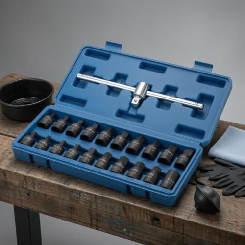Qianly 21 Pieces Oil Drain Plug Socket Wrench Kit Molded Compartments Oil Drain Plug Socket Kit Hard Case for Mechanics, Garage