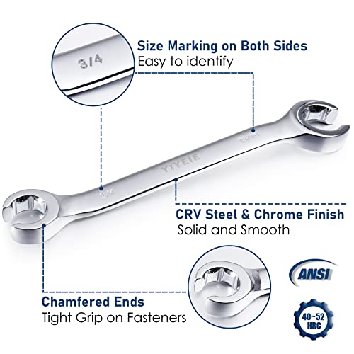 YIYEIE 6 Pc. Flare Nut Wrench Set, SAE 1/4" to 15/16", CR-V Steel, Brake Fuel Line Wrench Set with Roll-up Pouch - color: Sae 6pcs, size: 6-Point