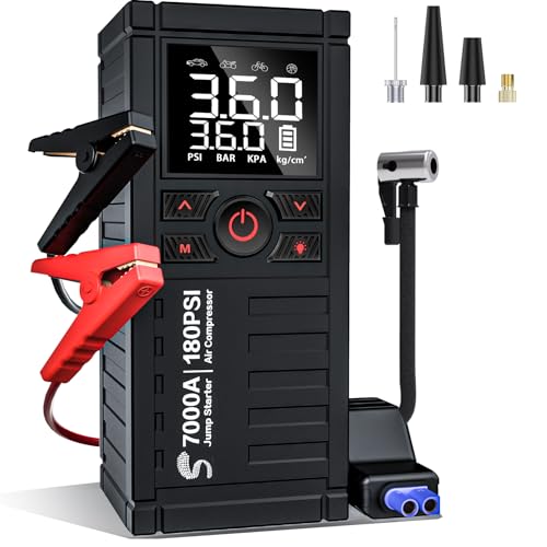 Jump Starter with Air Compressor, 7000A 180PSI Car Battery Jump Starter Jump Box (All Gas/10.0L Diesel), Battery Jumper Starter Portable Jumper Cables, Large LCD Display, LED Light Black